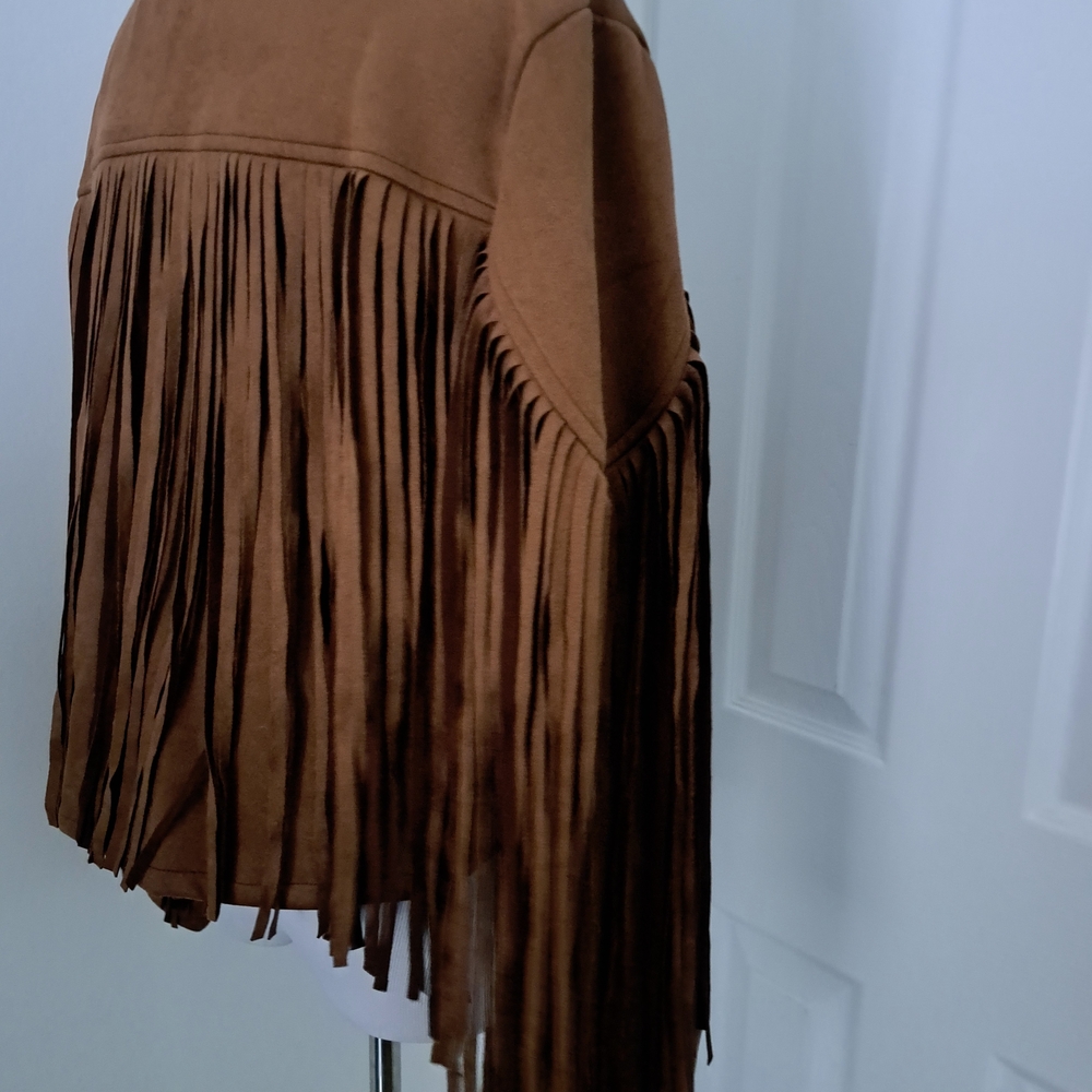 PrettyGarden Brown Faux Suede Fringe‎ Western Cropped Jacket New Large - Picture 7 of 8